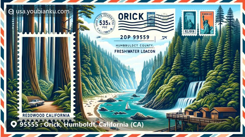 Modern illustration of Orick, Humboldt County, California, inspired by ZIP code 95555, showcasing Redwood National Park, Fern Canyon, and Freshwater Lagoon Beaches.