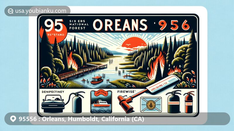 Modern illustration of Orleans, Humboldt County, California, capturing the essence of Six Rivers National Forest and community's dedication to fire safety, featuring a sunny sky and fire safety symbols.