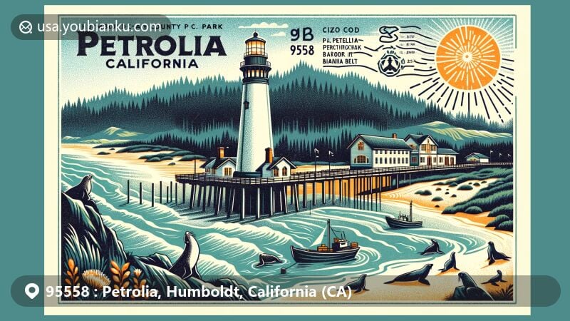 Modern illustration of Petrolia, Humboldt, California, featuring Punta Gorda Lighthouse, A. W. Way County Park, local wildlife, and community spirit with ZIP code 95558.