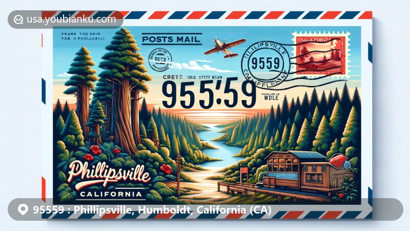 Modern illustration of Phillipsville, Humboldt County, California, capturing the essence of natural beauty with redwoods, airmail theme, and ZIP code 95559, incorporating California state flag elements.