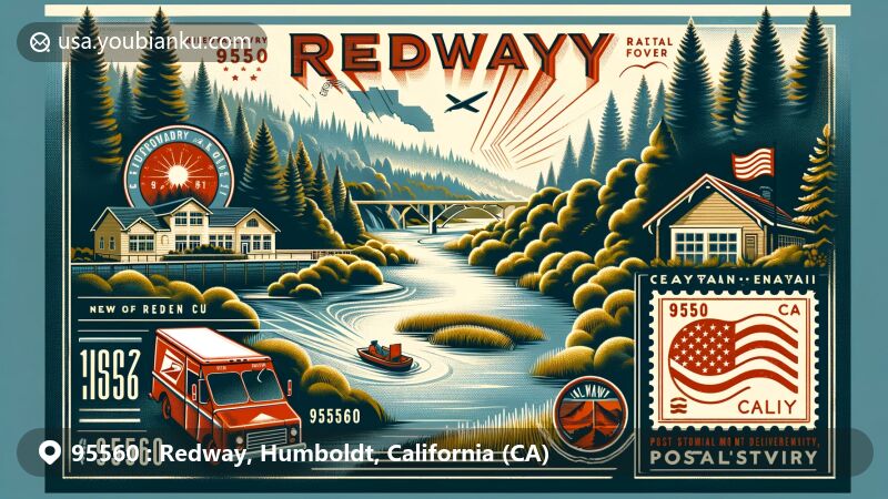 Modern illustration for the ZIP code 95560 in Redway, California, featuring the scenic Eel River and the iconic Redwood forests in a postcard-style design with vintage postal elements.