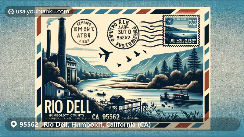 Modern illustration of Rio Dell, Humboldt County, California, highlighting small-town charm, history, and scenic beauty with Eel River Valley backdrop, incorporating lumber industry and immigrant workforce motifs, featuring recreational opportunities like fishing and rafting, hinting at the Lost Coast rugged coastline.