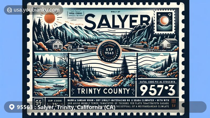 Modern illustration of Salyer, California, Trinity County, featuring ZIP code 95563, showcasing picturesque view surrounded by dense forests and mountainous terrain of Shasta Cascades near State Highway 299.
