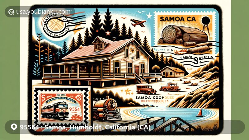 Modern illustration of Samoa, Humboldt, California, showcasing postal theme with ZIP code 95564, featuring Samoa Cookhouse, Samoa Dunes, and Samoa Beach.