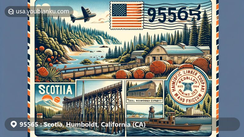 Modern illustration of Scotia, Humboldt County, California, highlighting natural beauty with lush surroundings and Eel River, showcasing Humboldt Redwood Aquatic Species exhibit and historic Pacific Lumber Mill Museum representing logging town heritage with equipment or redwood elements. Incorporating postal theme with retro postcard layout featuring ZIP code 95565, blending in postal elements like stamps, airmail envelope borders, or postmarks seamlessly. Featuring California flag and iconic redwood trees of Humboldt County in vibrant colors, ensuring a creative and visually appealing design, perfect for website feature image.