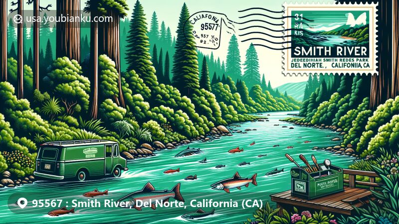 Vibrant illustration of Smith River area in California, resembling a postcard with emerald waters, Chinook salmon, Steelhead, Redwood trees of Jedediah Smith Redwoods State Park, and postal elements like stamp '95567 Smith River, CA' and vintage postal van.