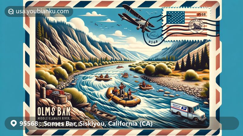 Modern illustration of Somes Bar, California, showcasing the confluence of the Klamath and Salmon Rivers and rugged landscapes, with outdoor activities like rafting and fishing, featuring vintage air mail envelope and postal-themed details.
