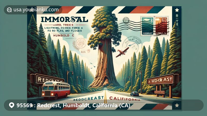 Modern illustration of Redcrest, California, highlighting the iconic Immortal Tree and Avenue of the Giants, blending postal elements with natural wonders of the region.