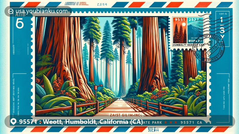 Modern illustration of Weott, Humboldt County, California, featuring Humboldt Redwoods State Park and ancient towering redwoods in a vibrant style, with postal theme showcasing airmail envelope, redwood stamp, and postmark.