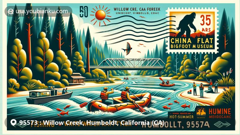 Modern illustration of Willow Creek, Humboldt, California, with ZIP code 95573, featuring China Flat Bigfoot Museum, Trinity River activities, redwood forests, and a sun symbol.
