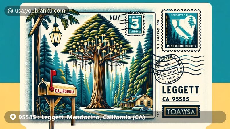 Modern illustration of Chandelier Drive-Thru Tree in Leggett, California, featuring postcard theme with CA 95585, highlighting redwood forest backdrop and Mendocino County silhouette.