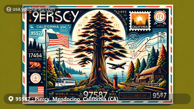 Modern illustration of Piercy, Mendocino County, California, capturing postal theme with ZIP code 95587, showcasing landmark redwood tree and California state symbols.