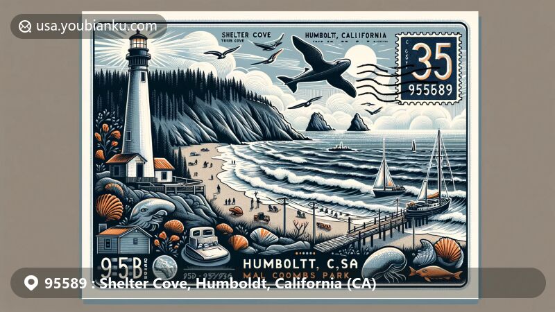 Creative illustration of Shelter Cove, Humboldt, California, featuring Black Sands Beach, Cape Mendocino Light, and the rugged beauty of the Lost Coast, symbolizing popular outdoor activities like fishing and whale watching.