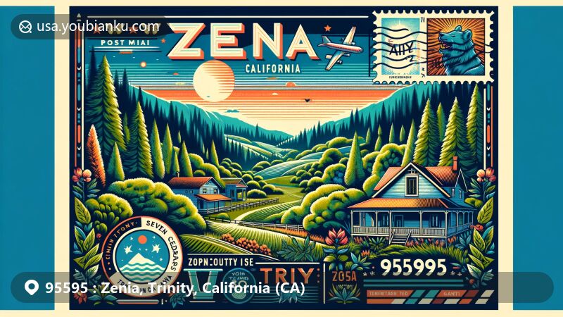 Modern illustration of Zenia, California, showcasing postal theme with ZIP code 95595, featuring scenic landscape, Seven Cedars homestead, vintage post stamp, and California state flag.