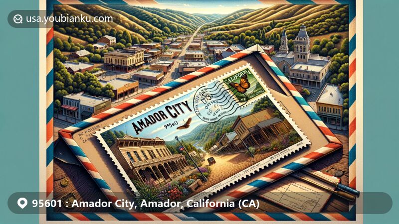 Vintage illustration of Amador City, California, capturing postal theme with antique airmail envelope and postcard displaying Amador Whitney Museum and historic Main Street buildings, set against lush green hills of the Gold Country.