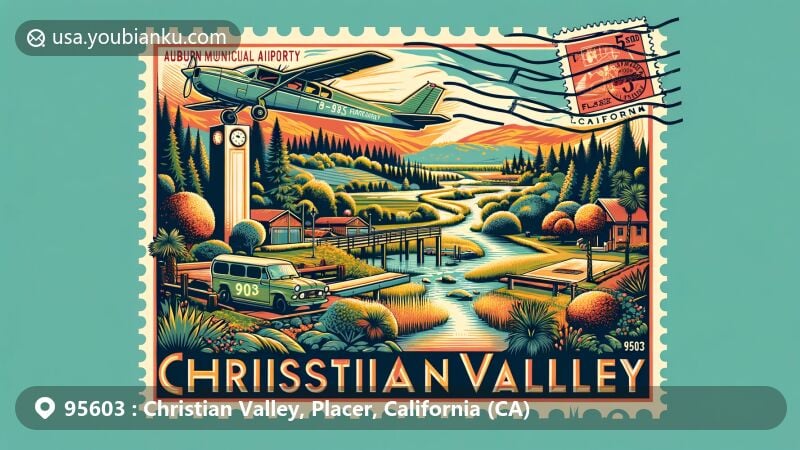Modern illustration of Christian Valley, Placer County, California, resembling a postcard with Auburn Municipal Airport and lush greenery of Christian Valley Park, featuring vintage postage stamp with ZIP code 95603 and postal mark.