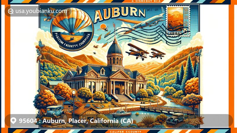 Modern illustration of Auburn, Placer County, California, featuring vintage postcard design, Placer County Courthouse, Sierra Nevada views, Gold Rush elements, and creative postal stamp with ZIP code 95604.