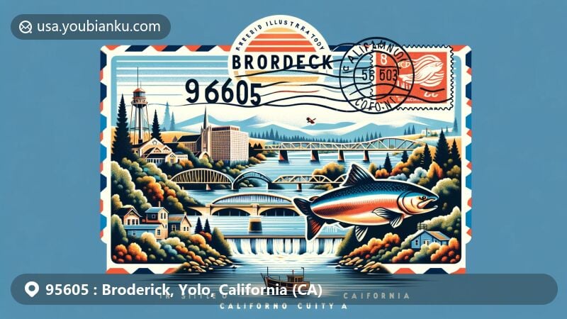 Modern illustration of Broderick, Yolo County, California, blending postal theme with ZIP code 95605, showcasing Sacramento River, Pacific Coast Salmon Cannery, vintage air mail envelope, and California state flag.