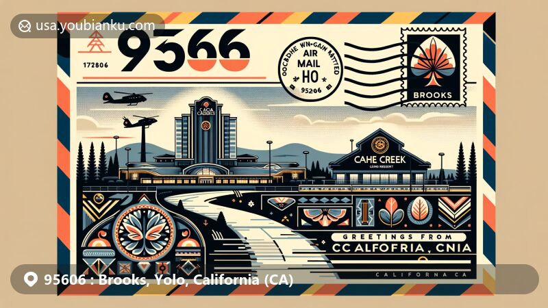 Modern illustration of Brooks, California, featuring iconic Cache Creek Casino Resort silhouette, Yocha Dehe Wintun Nation cultural patterns, California state flag, postal stamp, and postmark with ZIP code 95606.