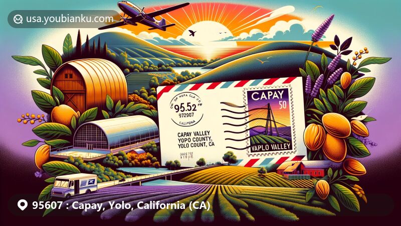 Modern illustration of Capay, Yolo County, California, highlighting agricultural richness, organic farming, and scenic beauty of Capay Valley, featuring vintage postal elements and iconic landmarks like almond tree and Cache Creek.
