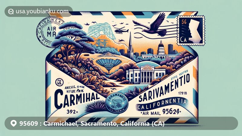 Modern illustration showcasing Carmichael, Sacramento, and California with postal themes, featuring Ancil Hoffman Park, Effie Yeaw Nature Center, and Jensen Botanical Garden.