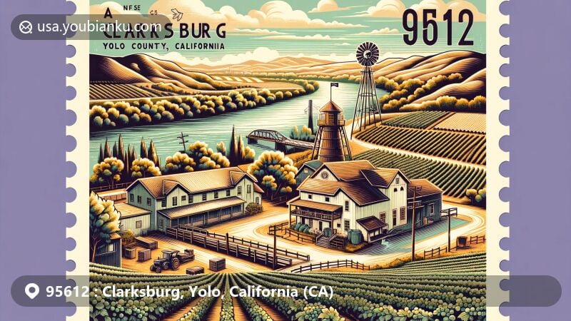 Modern illustration of Clarksburg, Yolo County, California, capturing its role in the Delta's wine country with a picturesque vineyard landscape and the Old Sugar Mill, now wineries. It also includes the beauty of the Sacramento River, showcasing grapevines and a reference to Bogle Vineyards, all tied together with postal elements reflecting the warm and welcoming community.
