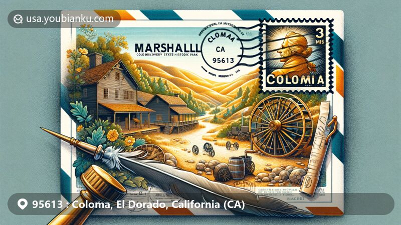Modern illustration of Coloma, El Dorado, California, highlighting Marshall Gold Discovery State Historic Park and airmail envelope design with iconic symbols of gold discovery history.