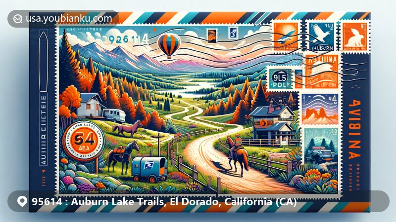 Modern illustration of Auburn Lake Trails, El Dorado County, California, highlighting ZIP code 95614, featuring airmail envelope with stamps showcasing iconic landscapes like horse trails, hiking paths, and the golf course.