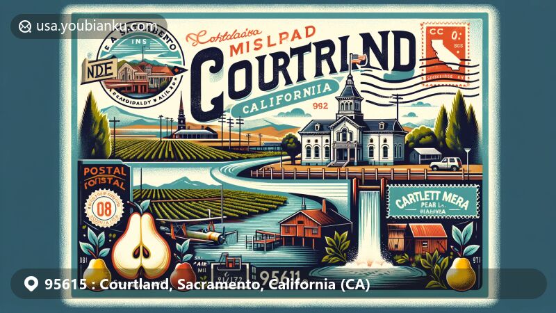 Modern illustration of Courtland, Sacramento County, California, featuring Sacramento River, historic courthouse, and annual Pear Fair with elements of postal theme for ZIP code 95615.
