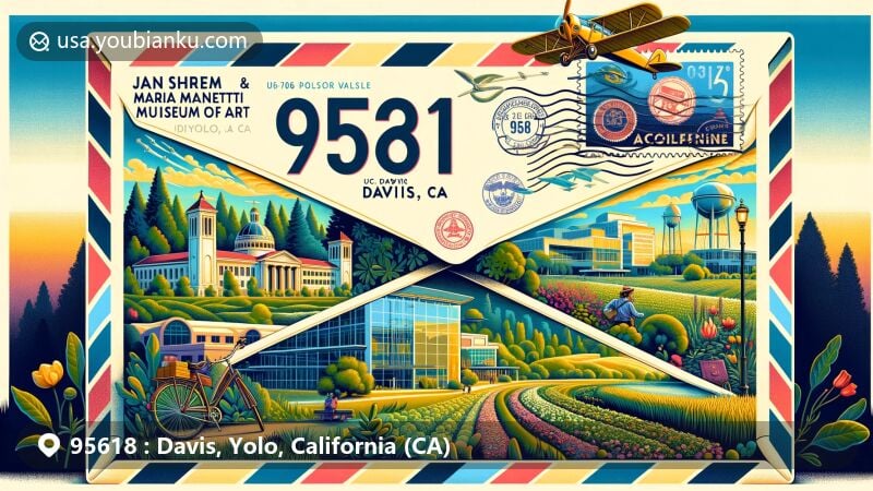 Creative illustration of Davis, Yolo County, California, featuring ZIP code 95618 and a vibrant airmail envelope showcasing city landmarks like the Jan Shrem and Maria Manetti Shrem Museum of Art, UC Davis Arboretum Teaching Nursery, and US Bicycling Hall of Fame.