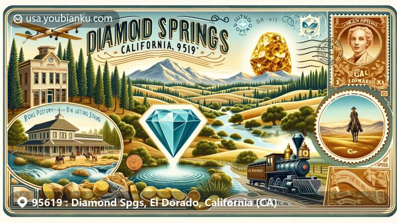 Modern illustration of Diamond Springs, El Dorado County, California, embodying a vintage postcard design with symbols of the town's crystal clear springs, Gold Rush history, and natural beauty, along with postal theme elements like a vintage postage stamp, postal mark, and Pony Express illustration.