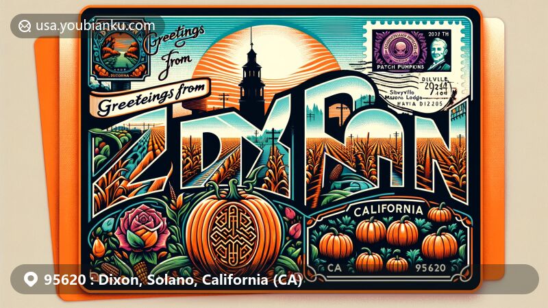 Modern illustration of Dixon, California, Solano County, showcasing Cool Patch Pumpkins corn maze and Silveyville Masons Lodge 201 in postcard style, bordered with pumpkin, corn, and local flora motifs.