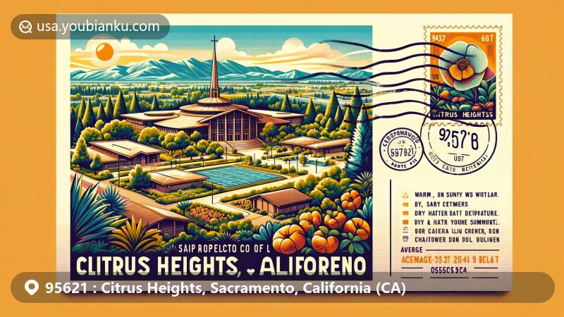 Modern illustration of ZIP code 95621 in Citrus Heights, Sacramento, California, showcasing postcard-style layout highlighting warm and sunny climate, Christ the King Passionist Retreat Center, typical Californian scenery, and postal elements.