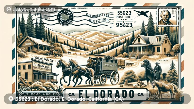 Modern illustration of El Dorado, California, capturing the essence of gold mining town and Pony Express remount station in ZIP code 95623, surrounded by rolling hills, lush forests, and historical buildings from the 1850s Gold Rush era.