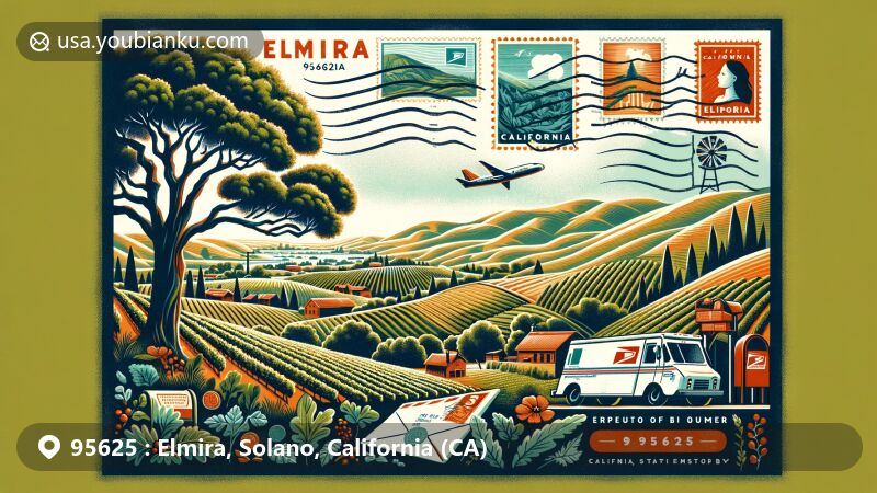 Modern illustration of Elmira, California, blending natural beauty with postal elements like ZIP Code 95625, vineyards, oak trees, and postal service symbols.