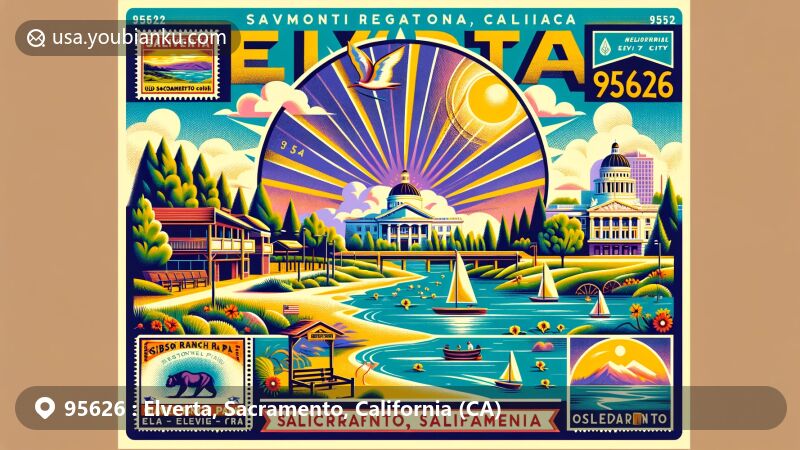 Modern illustration featuring Elverta, Sacramento, California with ZIP code 95626, showcasing Gibson Ranch Regional Park and Sacramento landmarks like Old Sacramento Waterfront, Eagle Theatre, and California State Capitol.