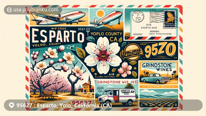 Modern illustration of Esparto, Yolo County, California, featuring almond blossoms representing the Almond Festival, Grindstone Wines, and Esparto Community Park, integrating vintage postal elements like air mail envelope and stamps.