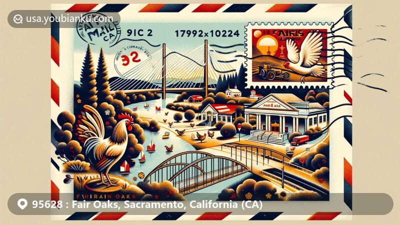 Modern illustration of Fair Oaks, California, centered around ZIP code 95628, featuring American River, Gold River, Veterans Memorial Amphitheatre, Mount Vernon Memorial Park, Fair Oaks Bridge, and whimsical chicken population.
