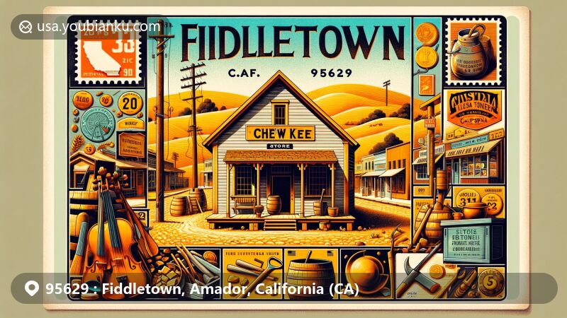Modern illustration of Fiddletown, Amador County, California, showcasing Gold Rush history with Chew Kee Store, Chinese community roots, gold mining tools, fiddles, vintage postal elements, and California state symbols.