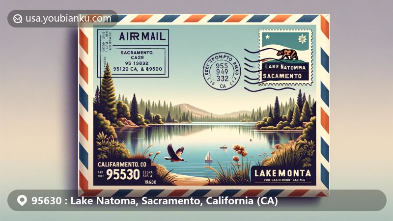 Modern illustration of airmail envelope featuring Lake Natoma, ZIP code 95630, showcasing serene scenery and California elements.