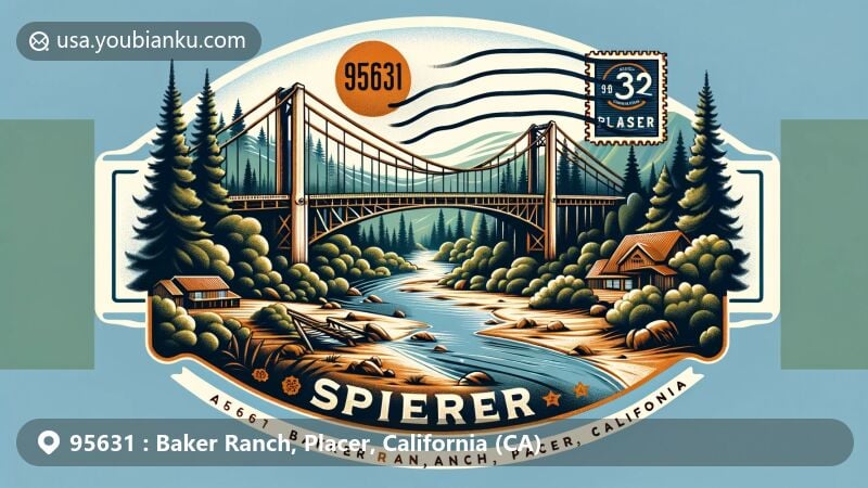 Modern illustration of Baker Ranch, Placer, California, highlighting Foresthill Bridge and ZIP code 95631, featuring American River, gold mining heritage, and lush forests.