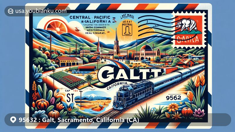 Modern illustration of Galt, California, highlighting Central Pacific Railroad history, Mediterranean climate, and unique geography, with postal elements like postage stamp, postmark, and ZIP code 95632, featuring vintage train, lush landscapes, California state flag, and local landmarks.