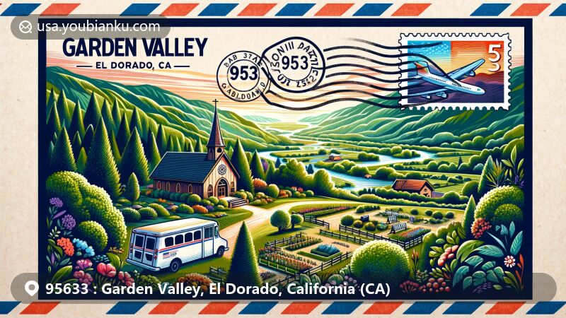 Modern illustration of Garden Valley, El Dorado County, California, featuring creatively designed air mail envelope with local and postal themes, lush forests, rolling hills, and rivers, showcasing Garden Valley Chapel and postal elements.