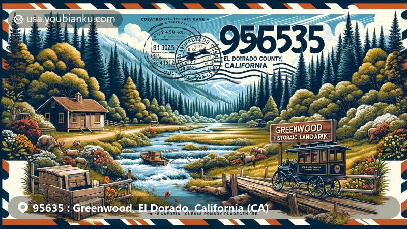 Creative wide-format illustration of Greenwood area, El Dorado County, California (ZIP code 95635) showcasing natural beauty, history, and postal theme with vintage mail carriage and stamp.