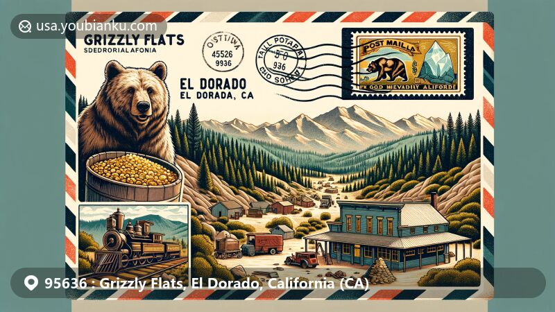 Modern illustration of Grizzly Flats, El Dorado, California, depicting the town's gold mining history and natural beauty against Sierra Nevada mountains, featuring mining tools, quartz veins, and postcard design.