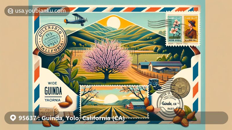 Modern illustration of Guinda, Yolo County, California, featuring almond trees in bloom, vintage airmail elements with postmark 'Guinda, CA 95637', and scenic Capay Valley view.