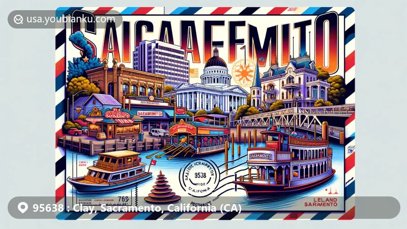 Modern illustration of Sacramento, California, blending postal elements with iconic landmarks like the Old Sacramento Waterfront, California State Capitol, and more, in a vibrant and imaginative style.