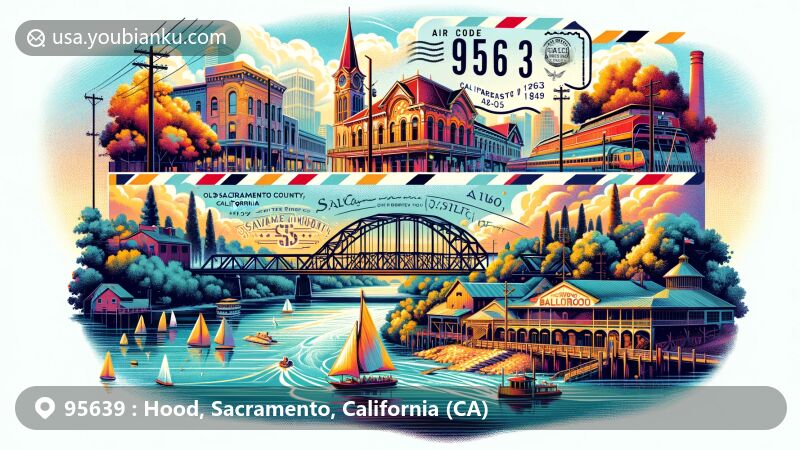 Modern illustration of Hood, Sacramento County, California, highlighting ZIP code 95639 and featuring Sacramento River, California State Route 160, Willow Ballroom, and Old Sacramento Waterfront.