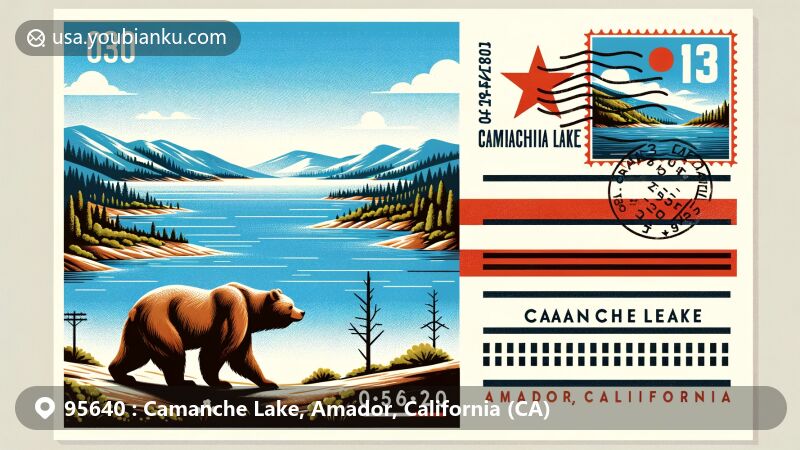 Scenic postcard illustration of Camanche Lake, California, featuring natural landscapes under a blue sky, California state flag with grizzly bear and red star, and ZIP code 95640.