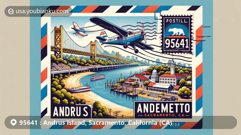 Modern illustration of Andrus Island, Sacramento, California, featuring vintage air mail envelope with airmail stripes, depicting map with Sacramento River, Isleton Bridge, and Isleton Chinese and Japanese Commercial Districts.